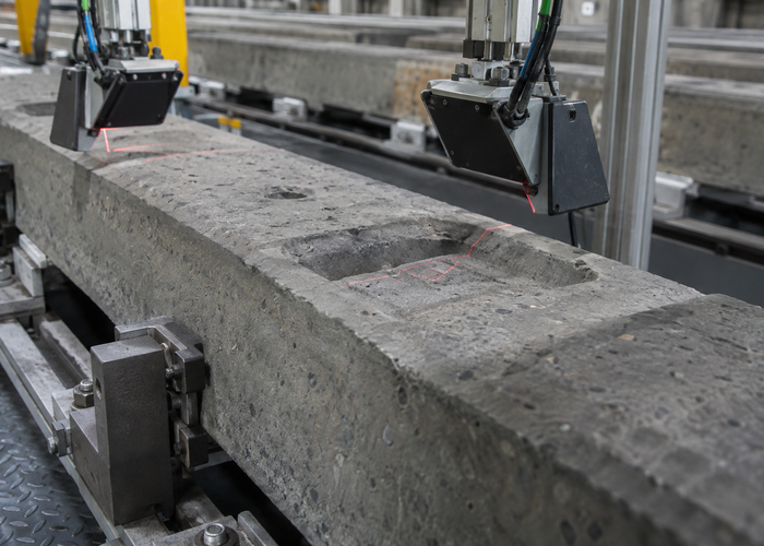 real precast concrete railway sleeper production line with physical unbranded LiDAR profile sensors scanning rail seats validation scene 2