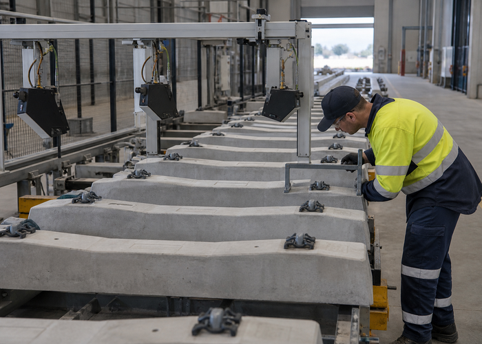 real precast concrete railway sleeper production line with physical unbranded LiDAR profile sensors scanning rail seats validation scene 3