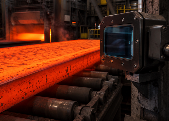 industrial LiDAR profiler measuring a glowing hot steel slab on a roller table validation scene 2