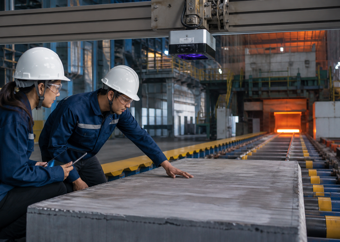 industrial LiDAR profiler measuring a glowing hot steel slab on a roller table validation scene 3