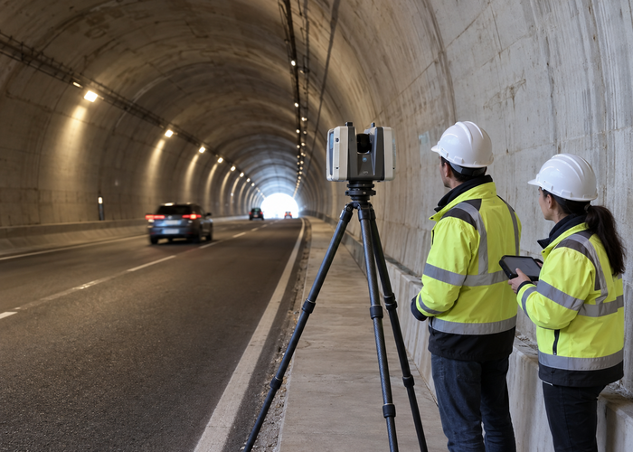 real road tunnel inspection with a tripod-mounted unbranded physical 3D LiDAR scanner and engineers measuring lining convergence in a realistic LiDAR application scene