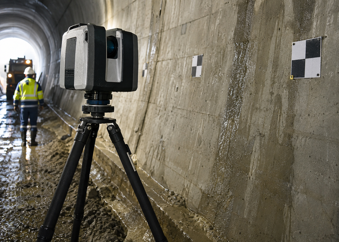real road tunnel inspection with a tripod-mounted unbranded physical 3D LiDAR scanner and engineers measuring lining convergence validation scene 2