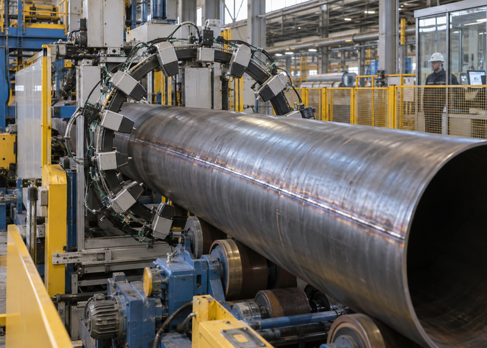 real welded steel pipe production line with a physically plausible ring of unbranded 3D LiDAR profile sensors measuring pipe ovality and the longitudinal seam under industrial lighting in a realistic LiDAR application scene