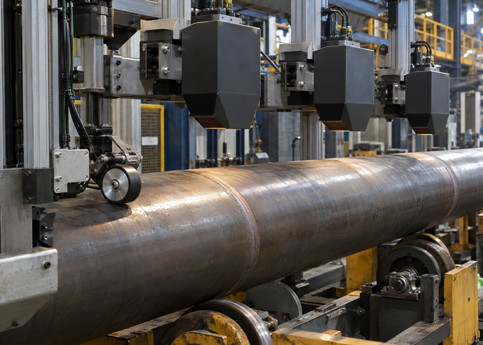 real welded steel pipe production line with a physically plausible ring of unbranded 3D LiDAR profile sensors measuring pipe ovality and the longitudinal seam under industrial lighting validation scene 2