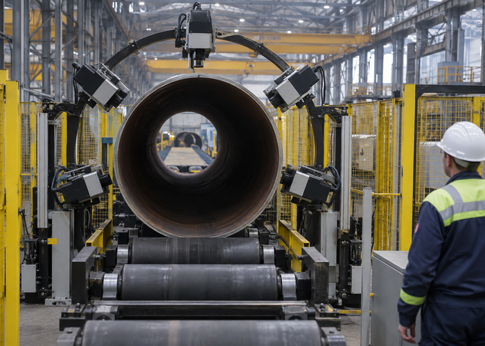 real welded steel pipe production line with a physically plausible ring of unbranded 3D LiDAR profile sensors measuring pipe ovality and the longitudinal seam under industrial lighting validation scene 3