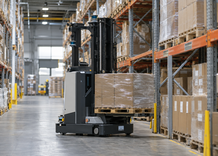real warehouse aisle with an unbranded autonomous forklift carrying a pallet and visible physical 3D LiDAR sensors checking mast and rack clearance in a realistic LiDAR application scene