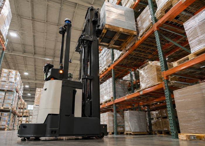 real warehouse aisle with an unbranded autonomous forklift carrying a pallet and visible physical 3D LiDAR sensors checking mast and rack clearance validation scene 2