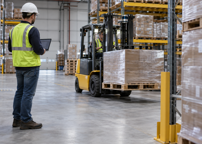 real warehouse aisle with an unbranded autonomous forklift carrying a pallet and visible physical 3D LiDAR sensors checking mast and rack clearance validation scene 3