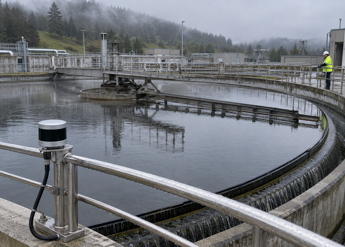 real circular wastewater clarifier with a rotating bridge and a visible unbranded physical 3D LiDAR sensor in natural daylight in a realistic LiDAR application scene