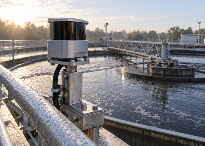 real circular wastewater clarifier with a rotating bridge and a visible unbranded physical 3D LiDAR sensor in natural daylight validation scene 2