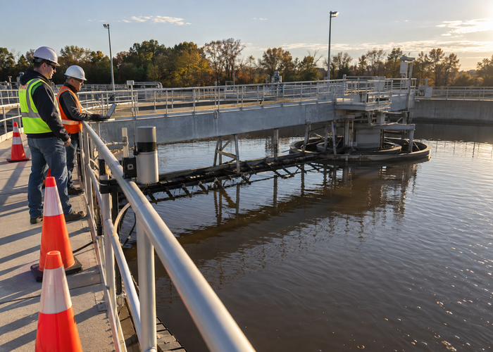 real circular wastewater clarifier with a rotating bridge and a visible unbranded physical 3D LiDAR sensor in natural daylight validation scene 3