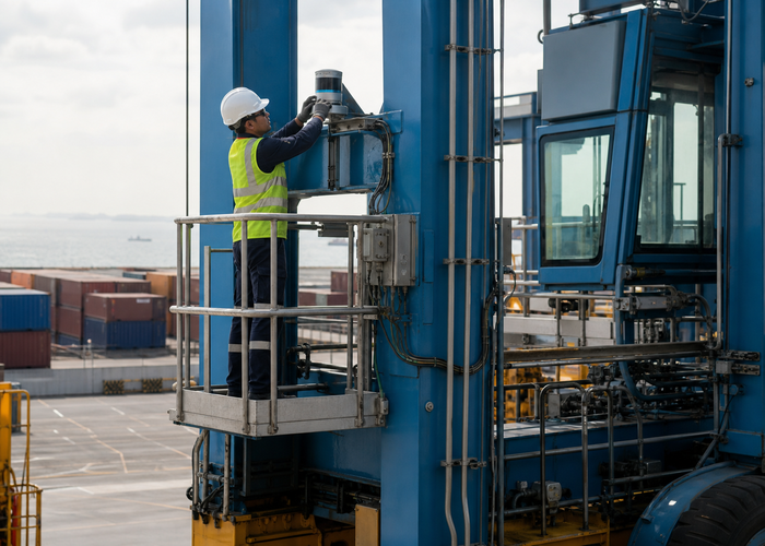 container-terminal straddle carrier equipped with physical 3D LiDAR moving between stacked containers validation scene 2