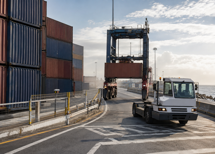 container-terminal straddle carrier equipped with physical 3D LiDAR moving between stacked containers validation scene 3