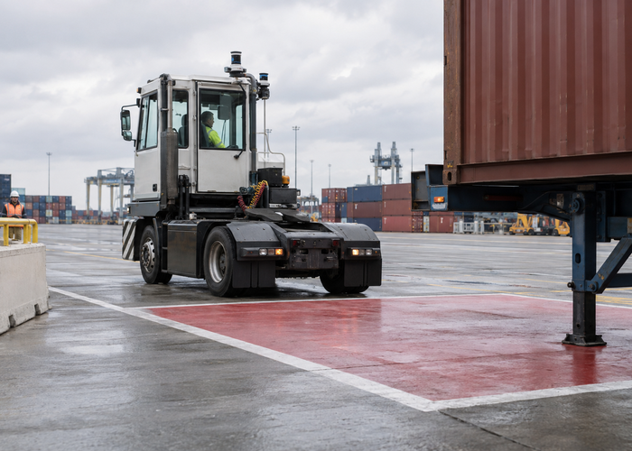 real unbranded terminal yard tractor with physical 3D LiDAR sensors slowly reversing toward a parked container trailer while workers remain inside a marked safety zone in a realistic LiDAR application scene