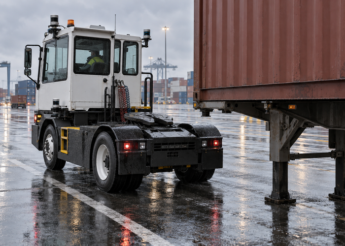 real unbranded terminal yard tractor with physical 3D LiDAR sensors slowly reversing toward a parked container trailer while workers remain inside a marked safety zone validation scene 2