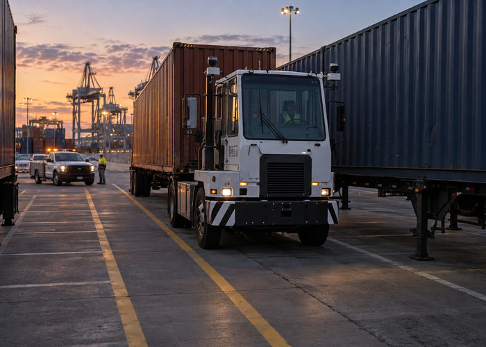 real unbranded terminal yard tractor with physical 3D LiDAR sensors slowly reversing toward a parked container trailer while workers remain inside a marked safety zone validation scene 3