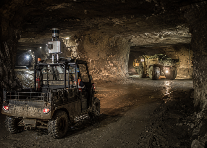underground mine utility vehicle with physical 3D LiDAR driving through a realistic tunnel validation scene 3