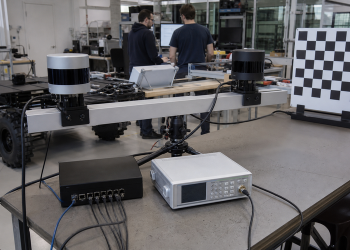 engineering team comparing two unbranded physical 3D LiDAR sensors on an interoperability test bench with timing equipment in a realistic LiDAR application scene