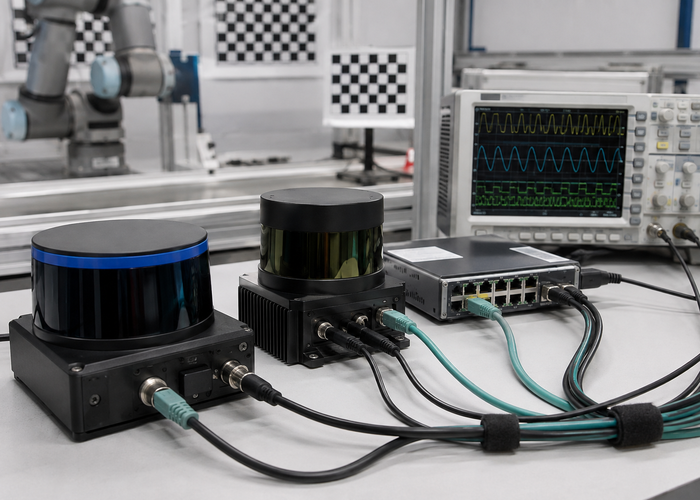 engineering team comparing two unbranded physical 3D LiDAR sensors on an interoperability test bench with timing equipment validation scene 2