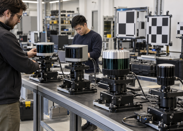 real engineering lab comparing several unbranded physical 3D LiDAR sensors on identical acceptance fixtures for deployment to multiple factories in a realistic LiDAR application scene
