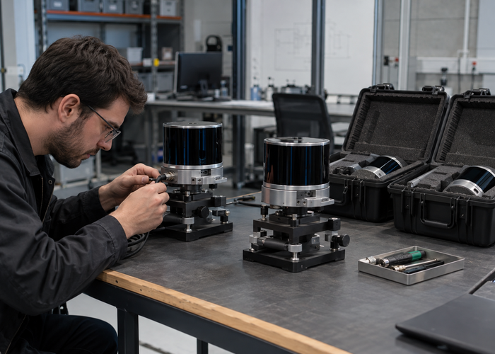 real engineering lab comparing several unbranded physical 3D LiDAR sensors on identical acceptance fixtures for deployment to multiple factories validation scene 2