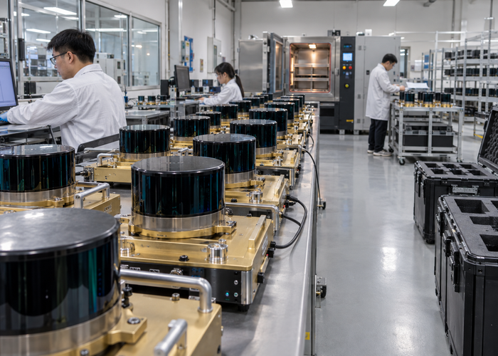 real engineering lab comparing several unbranded physical 3D LiDAR sensors on identical acceptance fixtures for deployment to multiple factories validation scene 3
