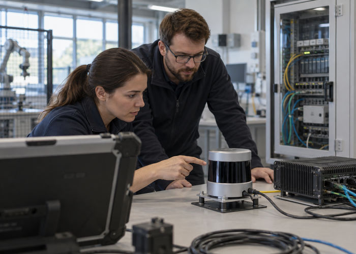 real industrial automation laboratory where engineers inspect an unbranded physical 3D LiDAR sensor beside secure development workstations with no readable screens in a realistic LiDAR application scene