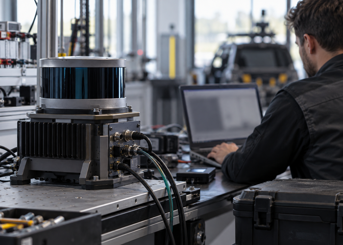 real industrial automation laboratory where engineers inspect an unbranded physical 3D LiDAR sensor beside secure development workstations with no readable screens validation scene 2