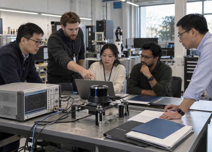 real industrial automation laboratory where engineers inspect an unbranded physical 3D LiDAR sensor beside secure development workstations with no readable screens validation scene 3