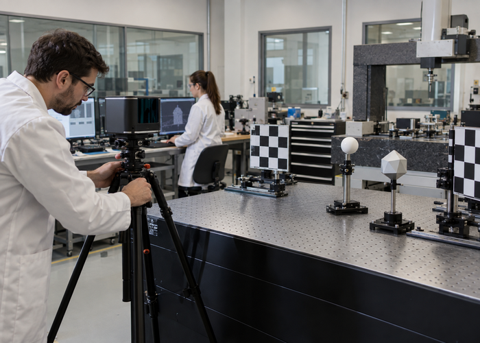 real metrology calibration laboratory with technicians, an unbranded physical LiDAR sensor and precision reference targets in a realistic LiDAR application scene