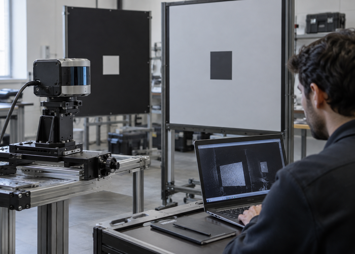 real metrology calibration laboratory with technicians, an unbranded physical LiDAR sensor and precision reference targets validation scene 2