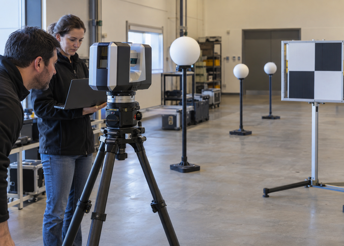 real metrology calibration laboratory with technicians, an unbranded physical LiDAR sensor and precision reference targets validation scene 3