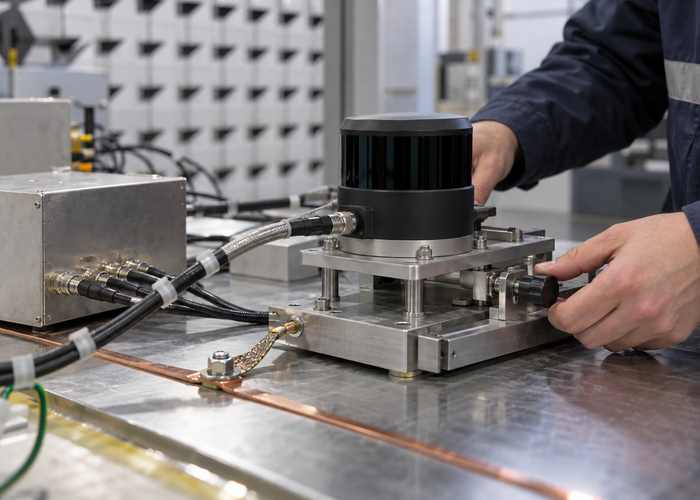 real accredited-style EMC laboratory with an unbranded physical LiDAR sensor under radiated immunity testing and engineers nearby validation scene 2