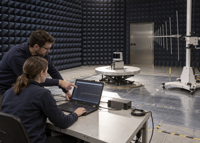 real accredited-style EMC laboratory with an unbranded physical LiDAR sensor under radiated immunity testing and engineers nearby validation scene 3