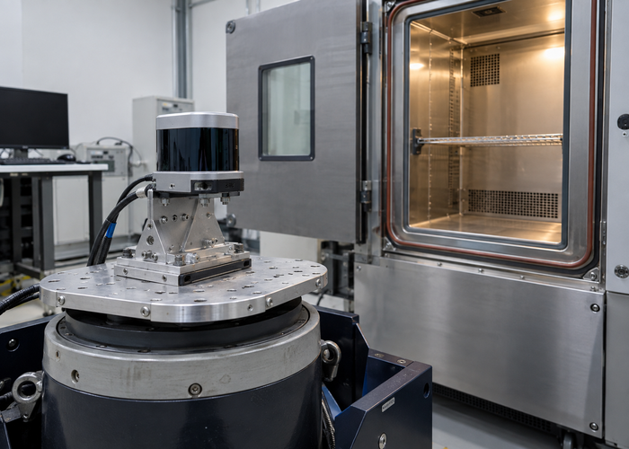 real environmental test laboratory with an unbranded physical 3D LiDAR sensor mounted on vibration equipment beside a temperature chamber in a realistic LiDAR application scene