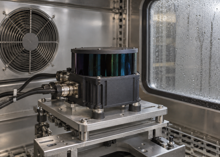 real environmental test laboratory with an unbranded physical 3D LiDAR sensor mounted on vibration equipment beside a temperature chamber validation scene 2