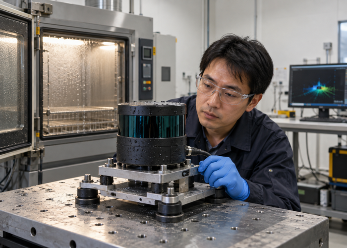 real environmental test laboratory with an unbranded physical 3D LiDAR sensor mounted on vibration equipment beside a temperature chamber validation scene 3