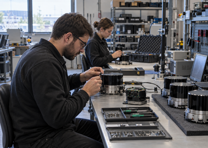 real industrial electronics service depot where technicians diagnose and repair an unbranded physical LiDAR sensor on a calibrated workbench in a realistic LiDAR application scene