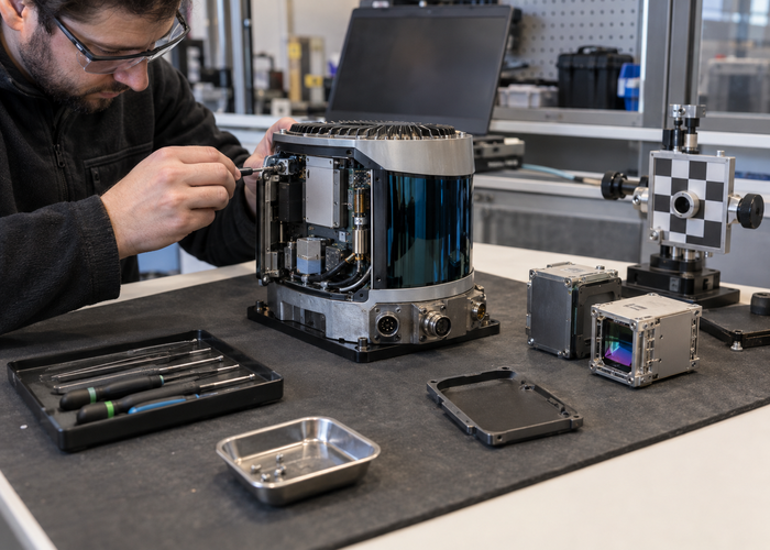 real industrial electronics service depot where technicians diagnose and repair an unbranded physical LiDAR sensor on a calibrated workbench validation scene 2