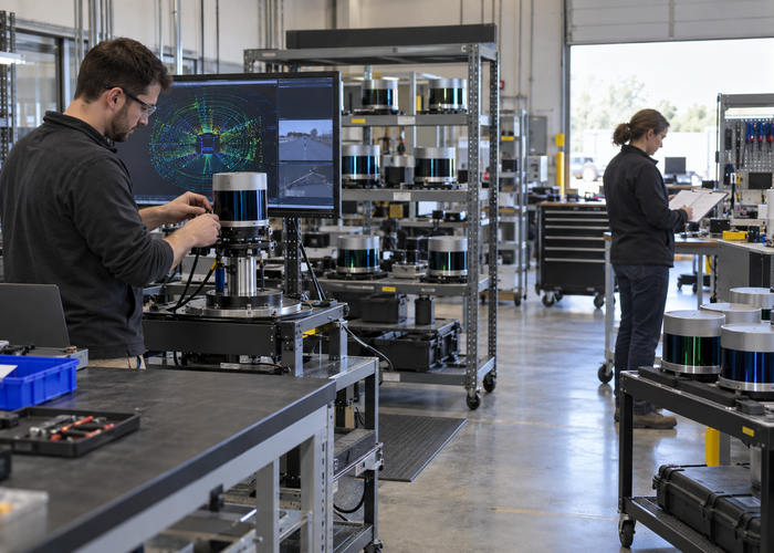 real industrial electronics service depot where technicians diagnose and repair an unbranded physical LiDAR sensor on a calibrated workbench validation scene 3