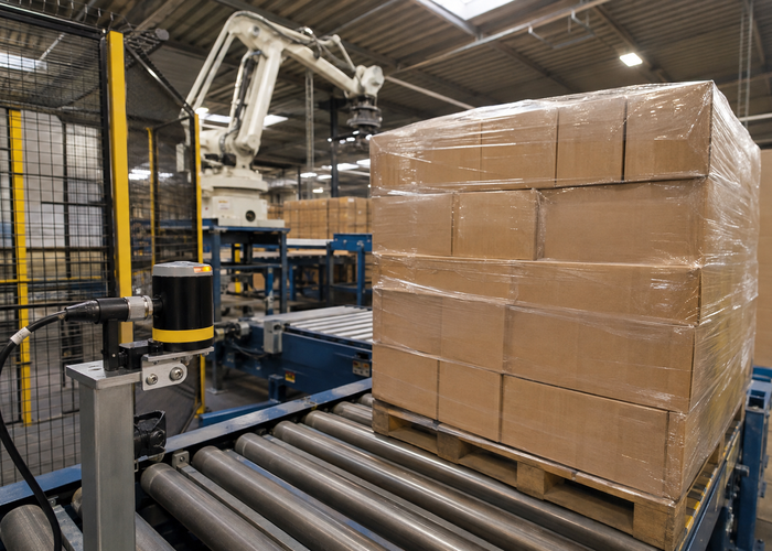 automated palletizer cell using a physical 3D LiDAR sensor to monitor wrapped pallet loads and guarded stop zones in a realistic LiDAR application scene