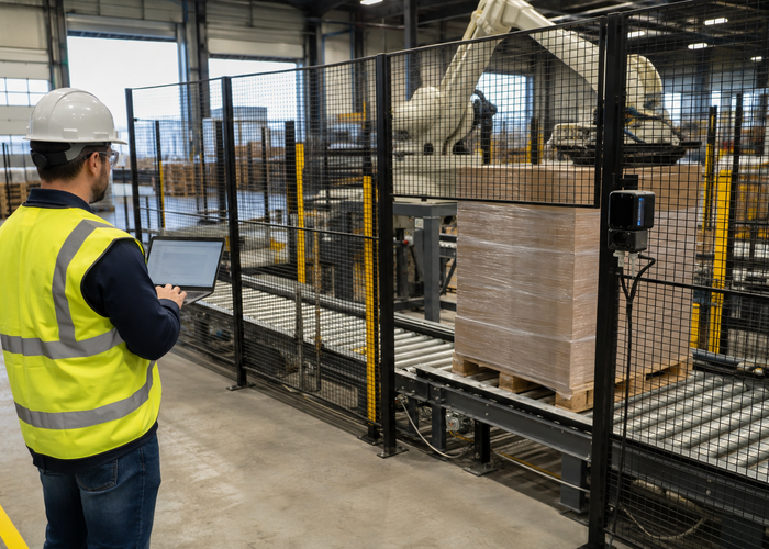 automated palletizer cell using a physical 3D LiDAR sensor to monitor wrapped pallet loads and guarded stop zones validation scene 3
