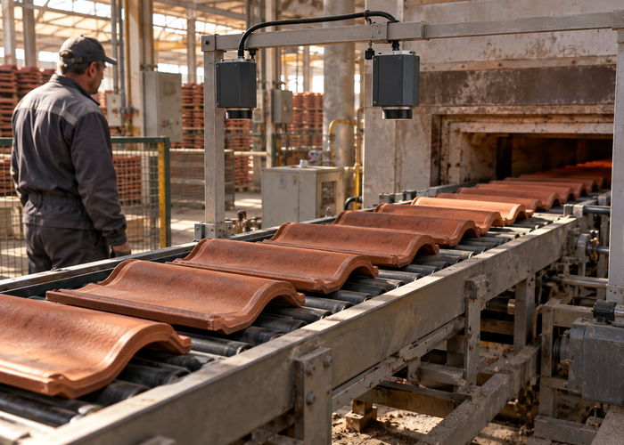 real ceramic roof tile production line after a kiln with unbranded physical LiDAR profile sensors inspecting individual fired tiles in a realistic LiDAR application scene