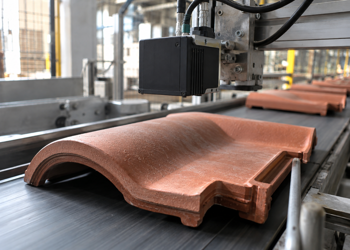 real ceramic roof tile production line after a kiln with unbranded physical LiDAR profile sensors inspecting individual fired tiles validation scene 2
