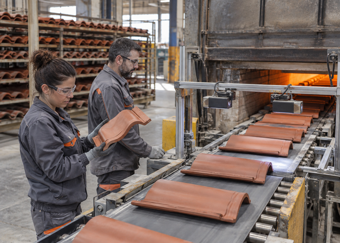 real ceramic roof tile production line after a kiln with unbranded physical LiDAR profile sensors inspecting individual fired tiles validation scene 3