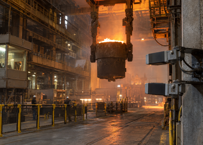real metal foundry with a physical unbranded industrial LiDAR monitoring a protected ladle transport route while workers remain behind barriers in a realistic LiDAR application scene