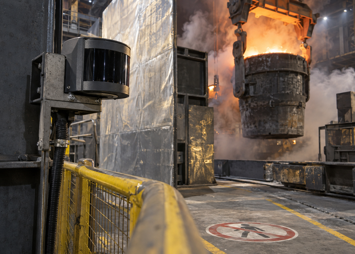 real metal foundry with a physical unbranded industrial LiDAR monitoring a protected ladle transport route while workers remain behind barriers validation scene 2