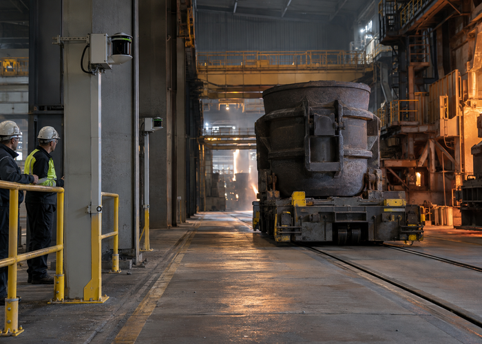 real metal foundry with a physical unbranded industrial LiDAR monitoring a protected ladle transport route while workers remain behind barriers validation scene 3