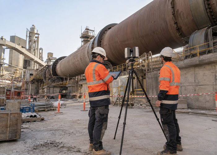 real cement plant rotary kiln area with workers at safe distance and visible unbranded physical industrial LiDAR monitoring equipment validation scene 3