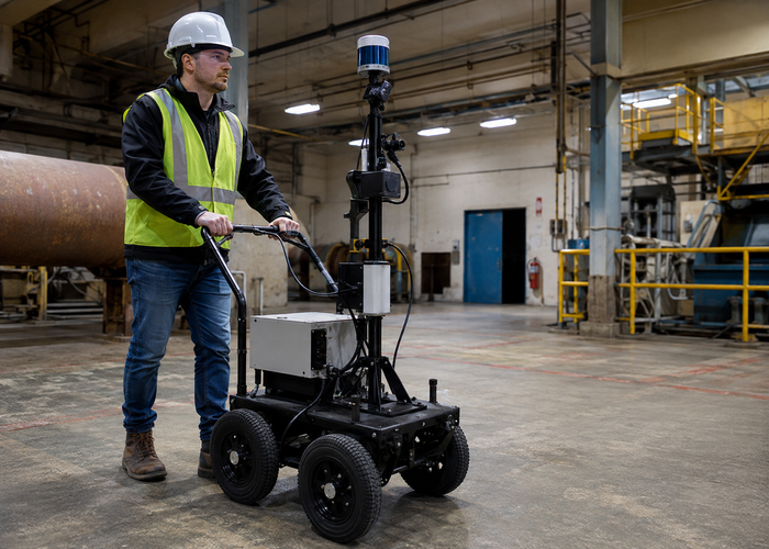 technician operating a wheeled mobile LiDAR mapping cart with an enclosed Jetson carrier board computer in a realistic LiDAR application scene
